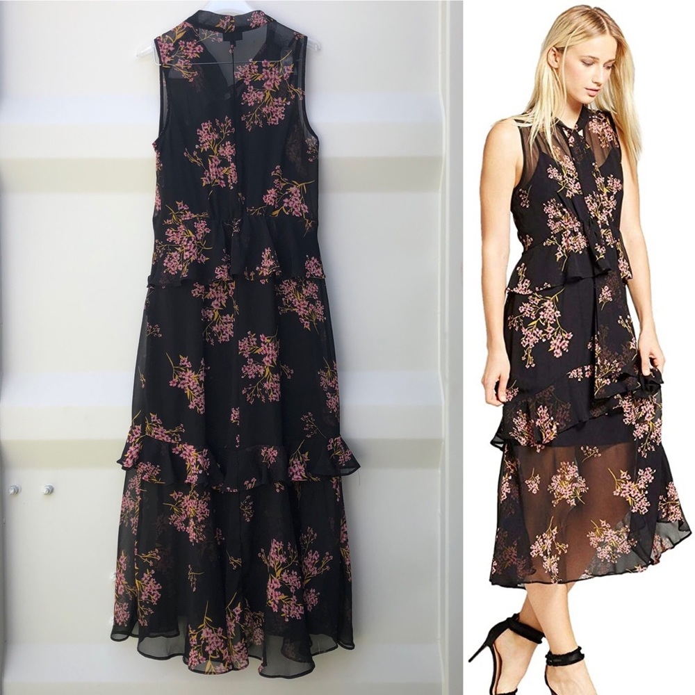Black floral tiered ruffle midi dress S